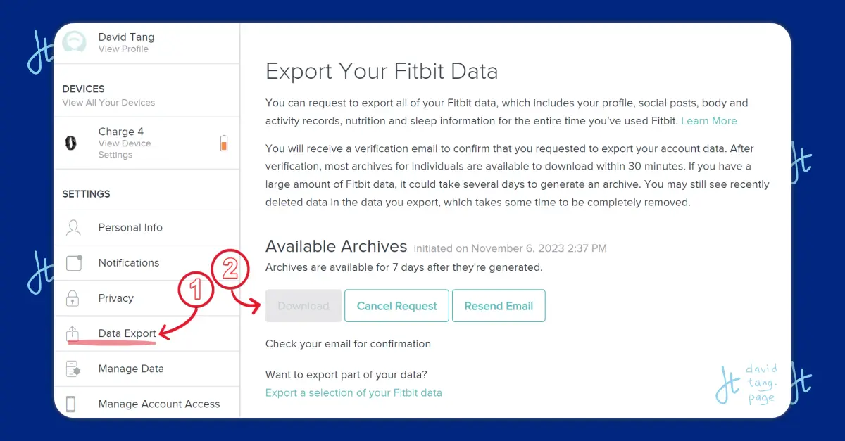 screenshot of fitbit data request page with labeled directions